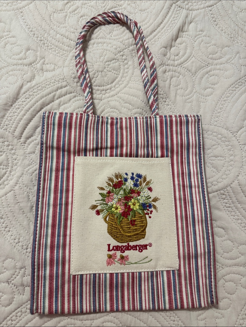 Longaberger Red, Blue and White Striped Floral Basket Tote